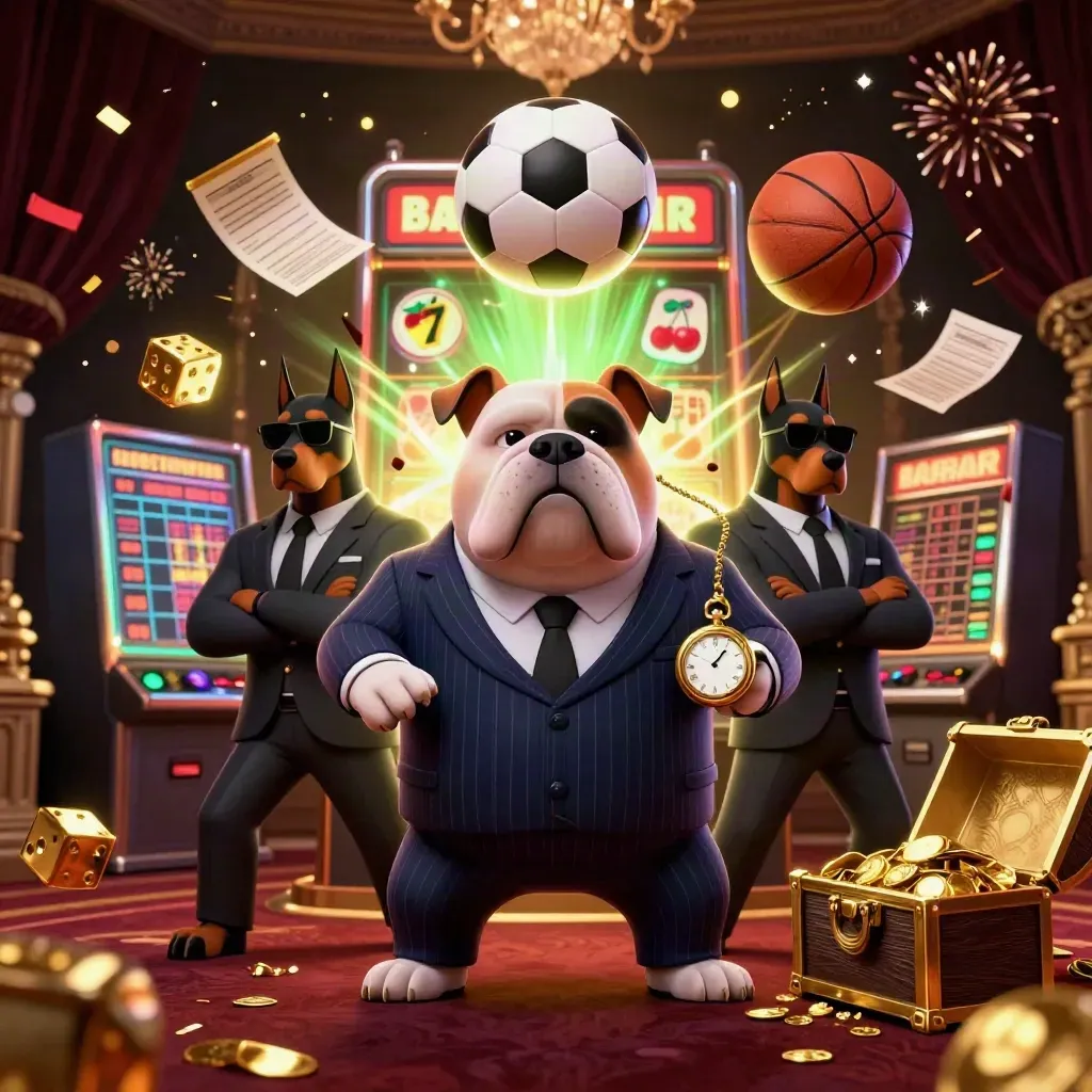 Cartoon bulldog mob boss and two Dobermans amid slot bursts, balls, dice, gold, and confetti.