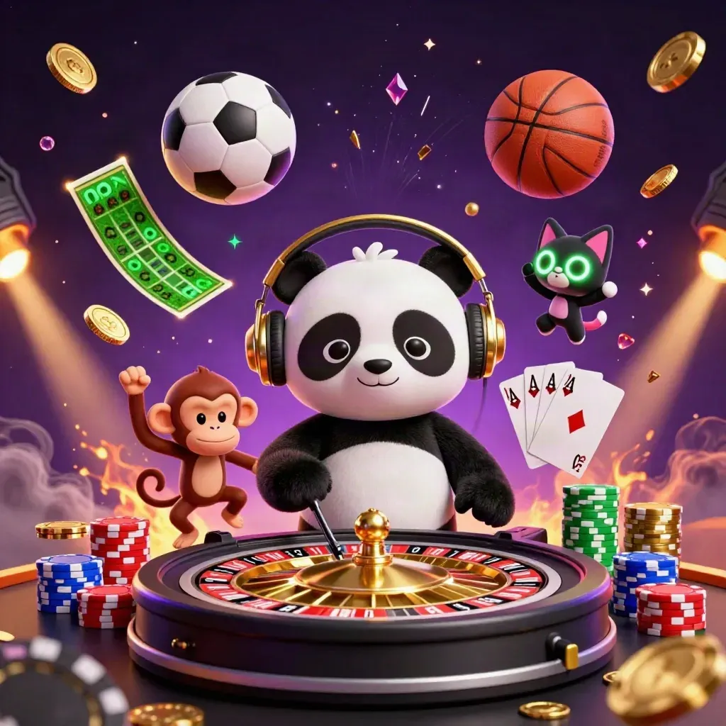 DJ panda, monkey, and kitten amid flying sports balls, coins, chips, and neon casino lights