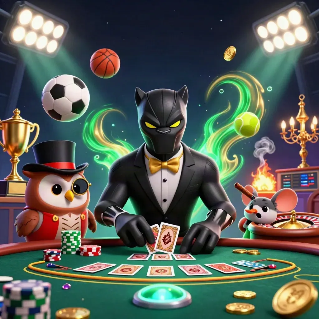 Panther dealer with owl and mouse amid neon casino luxury, sports balls, trophy, coins, and glowing lights.