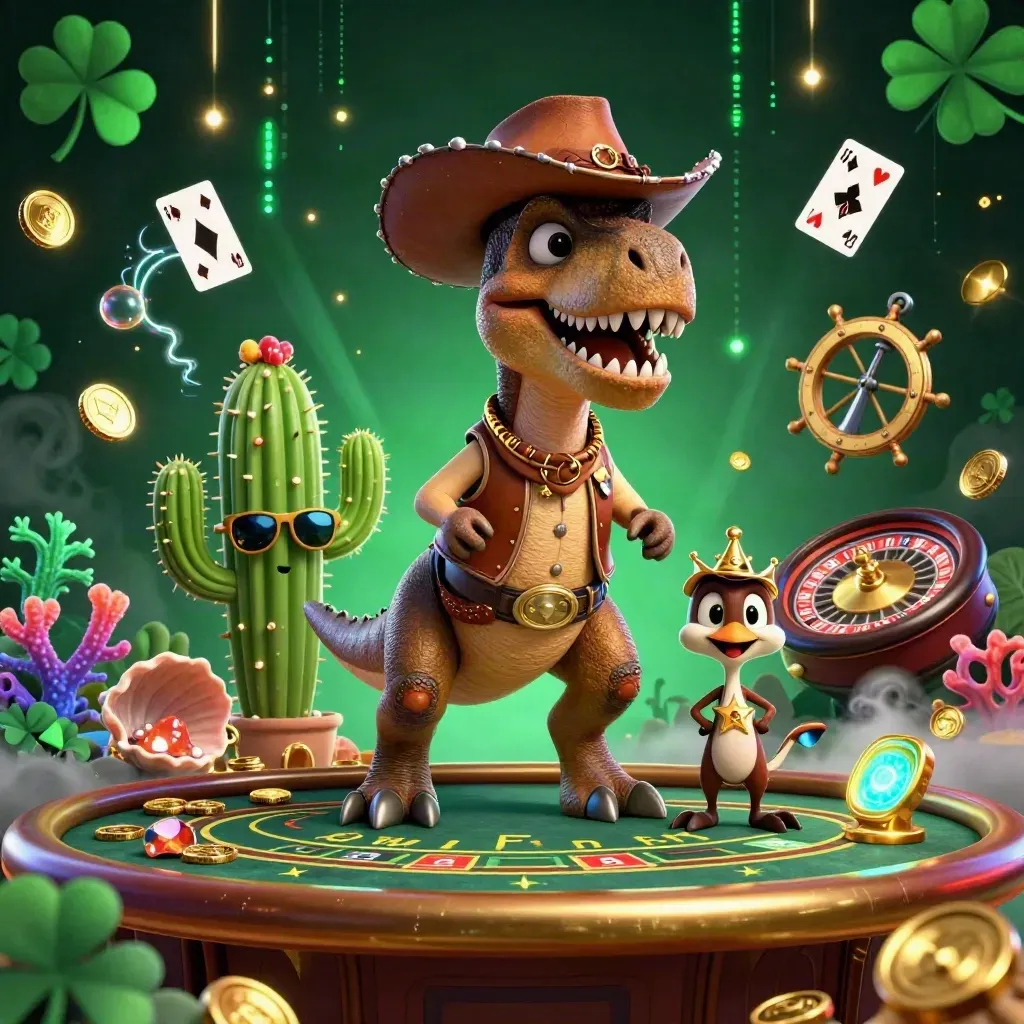 Cowboy T-Rex, cactus sidekick and roadrunner amid neon treasure, casino tables and gold coins.