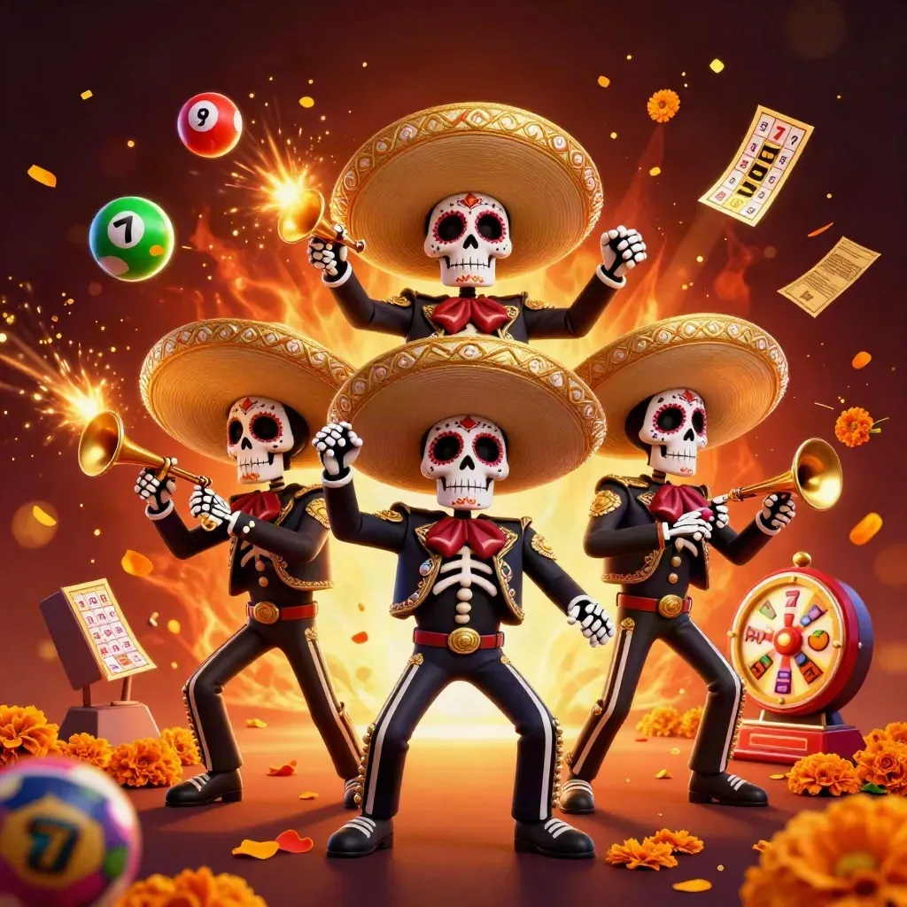 Skeleton mariachi trio with jackpots, lottery balls, prize wheel, and glowing casino confetti