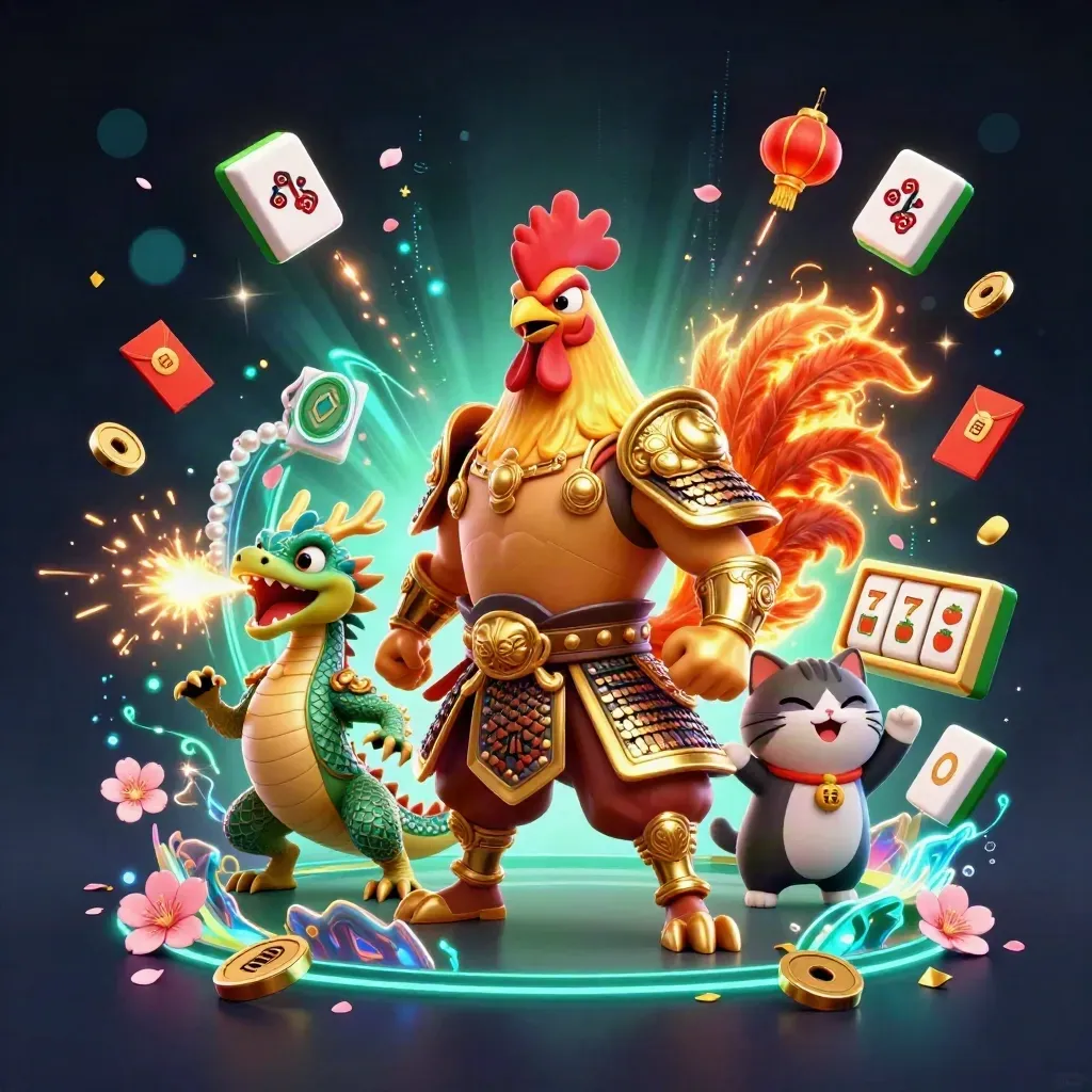 Rooster warrior, dragon hatchling, and fortune cat amid casino luck symbols and glowing coins.