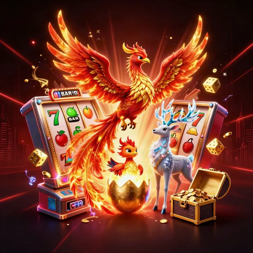 Phoenix, baby chick, and crystal stag burst from a jackpot slot machine in neon casino light
