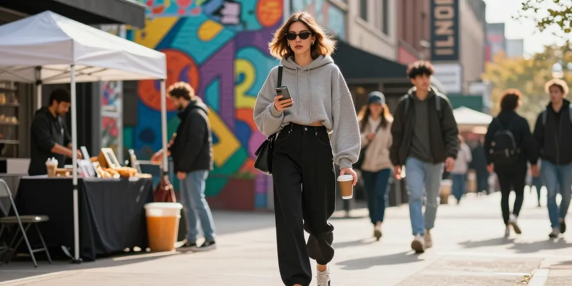 Fashion-conscious individual in stylish streetwear exploring vibrant urban environment with diverse city scenes.
